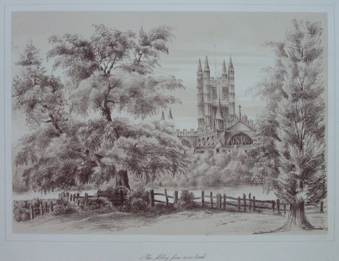 Lithograph - The Abbey from river bank